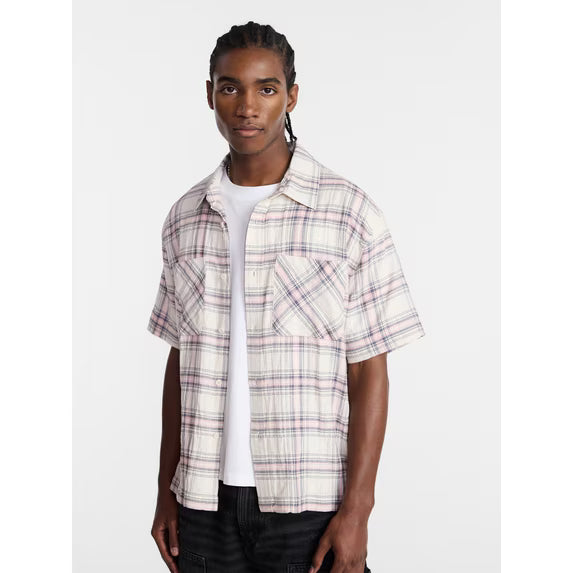 Textured Plaid Button Front Shirt with Short Sleeves