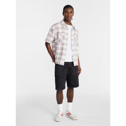 Textured Plaid Button Front Shirt with Short Sleeves