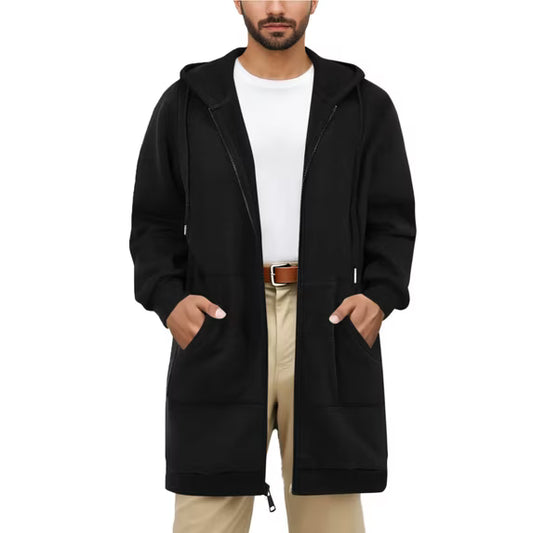 Long Hoodies for Men Zip up Mid-Length Fleece Oversized Tunic Sweatshirts Hooded Outwear Jackets Coats with Pockets Black