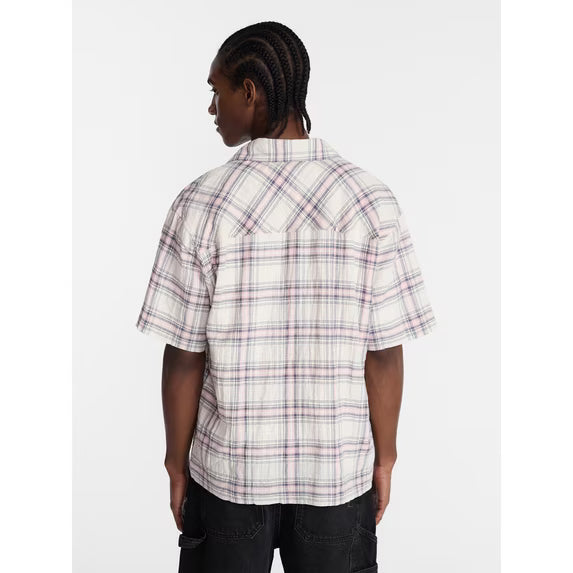 Textured Plaid Button Front Shirt with Short Sleeves