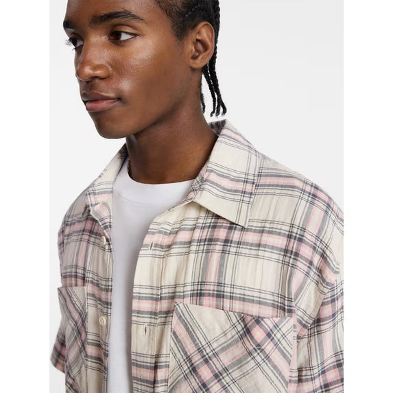 Textured Plaid Button Front Shirt with Short Sleeves