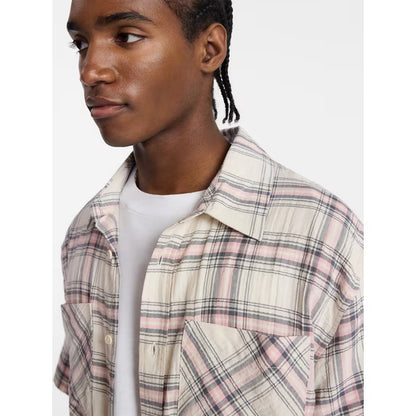 Textured Plaid Button Front Shirt with Short Sleeves